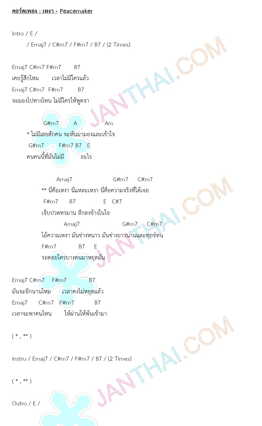 คอร์ดเพลง เหงา -  Peacemaker